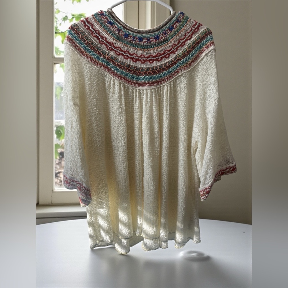 Free People Cream Embroidered Yoke Knit Top XS Boho Peasant Festival Blouse - Picture 8 of 10
